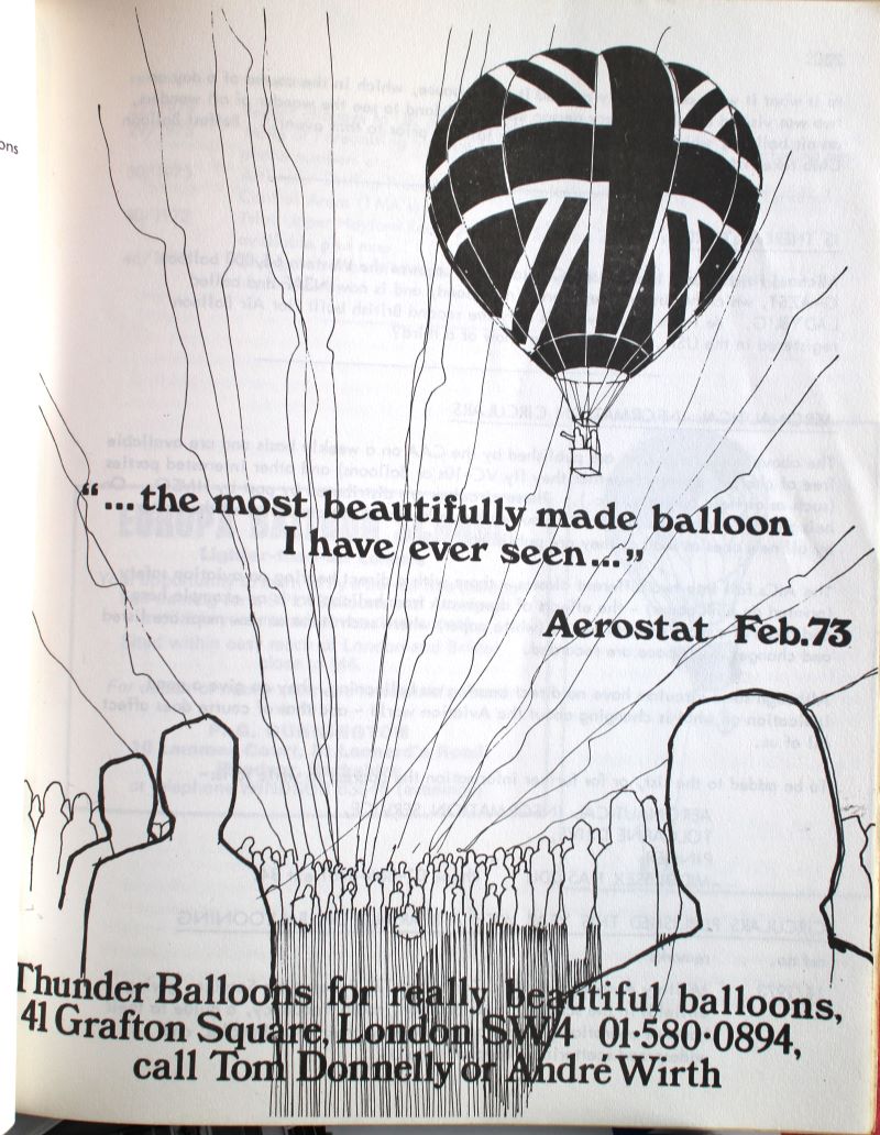 An advertisement from The Aerostat for Thunder Balloons from February 1973 showing artwork of G-BAIR and it's Union Jack design